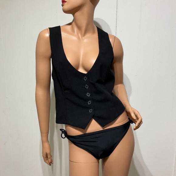 New York & Company women Black Vest 14 button up tuxedo office business casual - Picture 5 of 16